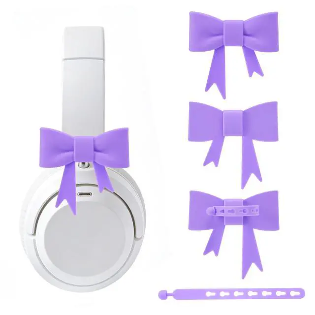 Alt view image 2 of 6 - 4 Pack Silicone Bow Decor Headphone Accessories, 3D Cute Earphone Accessories for Women Girls, Gamer Gift for Christmas,Gamer Girl Headphones Accessories-Purple+Rose