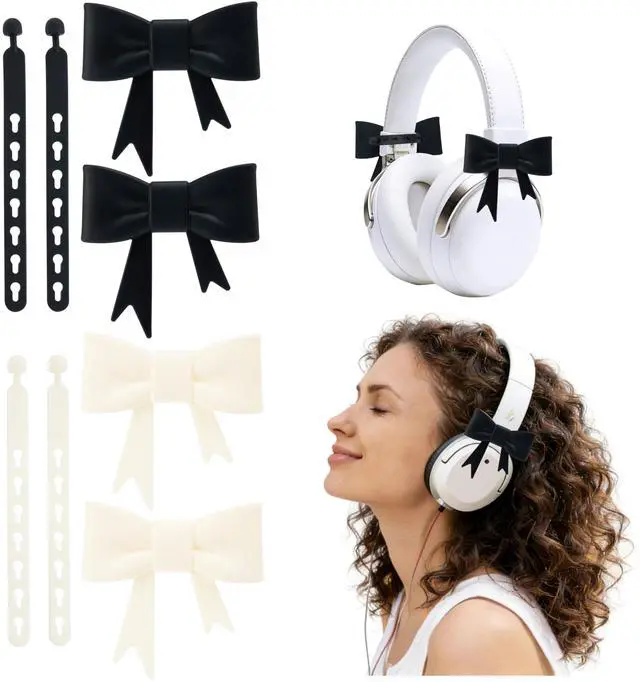 Main image of 4 Pack Silicone Bow Decor Headphone Accessories, 3D Cute Earphone Accessories for Women Girls, Gamer Gift for Christmas,Gamer Girl Headphones Accessories-Black+Beige