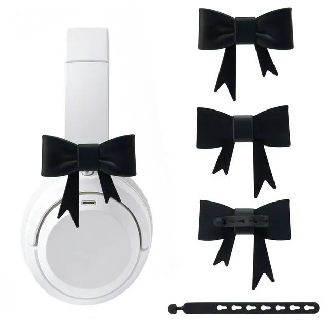 Alt view image 2 of 6 - 4 Pack Silicone Bow Decor Headphone Accessories, 3D Cute Earphone Accessories for Women Girls, Gamer Gift for Christmas,Gamer Girl Headphones Accessories-Black+Beige