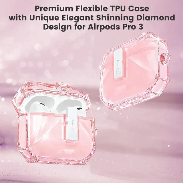 Alt view image 2 of 6 - for Airpods Pro 3 Case Clear,Cute Diamond Design for Airpod Pro 3 | Secure Lock&Auto Pop-up Soft TPU for Airpods pro 3rd Generation Case Cover 2025 with Carabiner&Cleaning Pen,Non Yellow-Pink