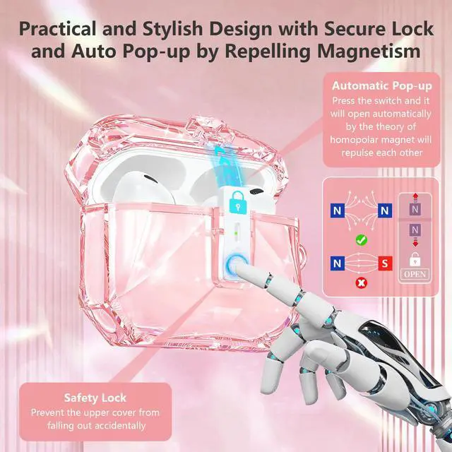 Alt view image 3 of 6 - for Airpods Pro 3 Case Clear,Cute Diamond Design for Airpod Pro 3 | Secure Lock&Auto Pop-up Soft TPU for Airpods pro 3rd Generation Case Cover 2025 with Carabiner&Cleaning Pen,Non Yellow-Pink