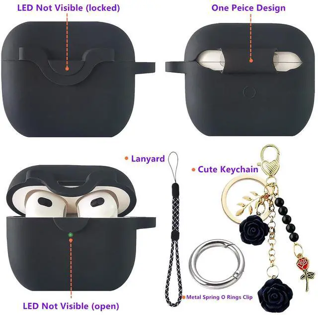 Alt view image 2 of 7 - Secure Lock Case for Airpods 3 with Cute Flowers Keychain Lanyard,Silicone Protective Cover for Airpods 3rd Generation Case Women Girls for Apple iPod 3rd Charging Cases 2021 (Black)