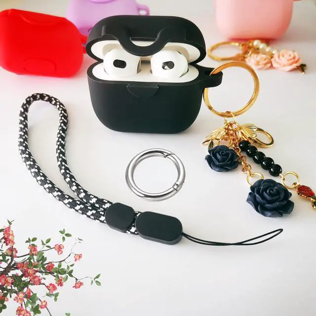 Alt view image 5 of 7 - Secure Lock Case for Airpods 3 with Cute Flowers Keychain Lanyard,Silicone Protective Cover for Airpods 3rd Generation Case Women Girls for Apple iPod 3rd Charging Cases 2021 (Black)