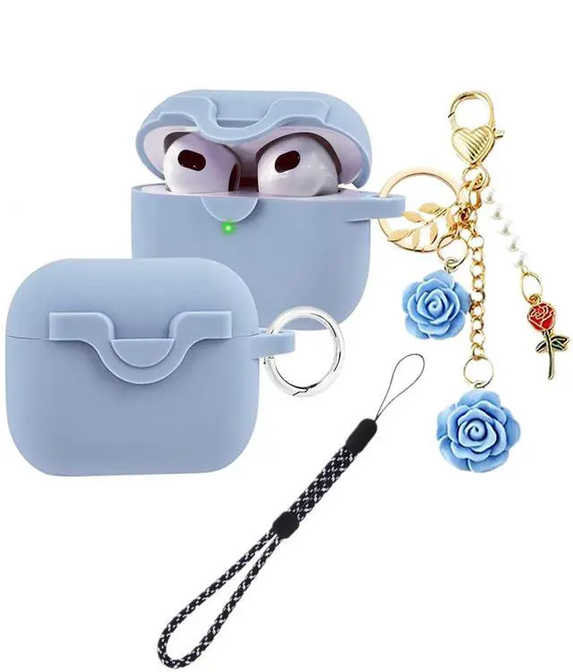 Main image of Secure Lock Case for Airpods 3 with Cute Flowers Keychain Lanyard,Silicone Protective Cover for Airpods 3rd Generation Case Women Girls for Apple iPod 3rd Charging Cases 2021 (Blue)