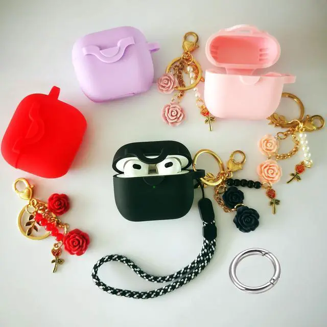 Alt view image 6 of 7 - Secure Lock Case for Airpods 3 with Cute Flowers Keychain Lanyard,Silicone Protective Cover for Airpods 3rd Generation Case Women Girls for Apple iPod 3rd Charging Cases 2021 (Black)