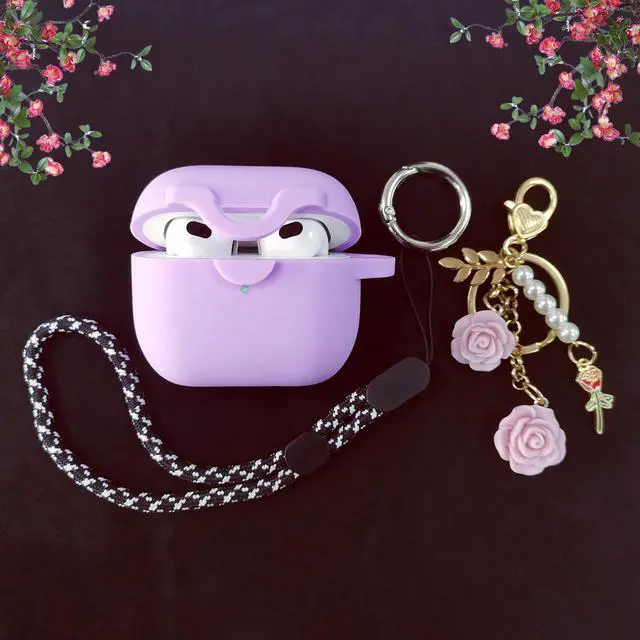 Alt view image 3 of 7 - Secure Lock Case for Airpods 3 with Cute Flowers Keychain Lanyard,Silicone Protective Cover for Airpods 3rd Generation Case Women Girls for Apple iPod 3rd Charging Cases 2021 (Purple)