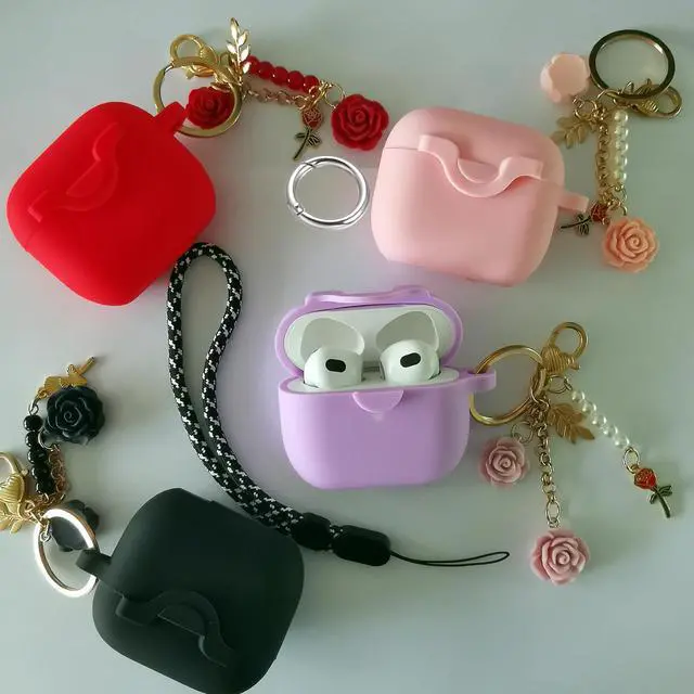 Alt view image 6 of 7 - Secure Lock Case for Airpods 3 with Cute Flowers Keychain Lanyard,Silicone Protective Cover for Airpods 3rd Generation Case Women Girls for Apple iPod 3rd Charging Cases 2021 (Purple)