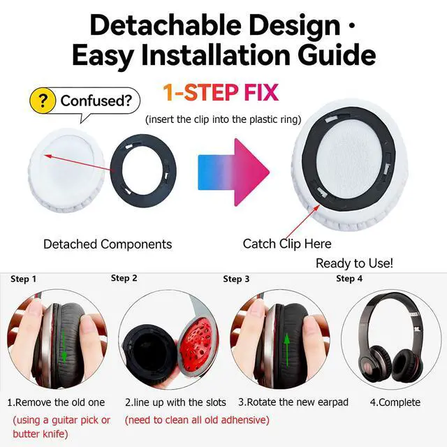 Alt view image 3 of 6 - Replacement Earpads for Beats Solo HD 1.0 Headphones - White | Compatible with Beats by Dr.Dre Solo HD (Solo 1st Gen Wired, NOT Wireless) Headphones, Snap-On Protein Leather Ear Cushions