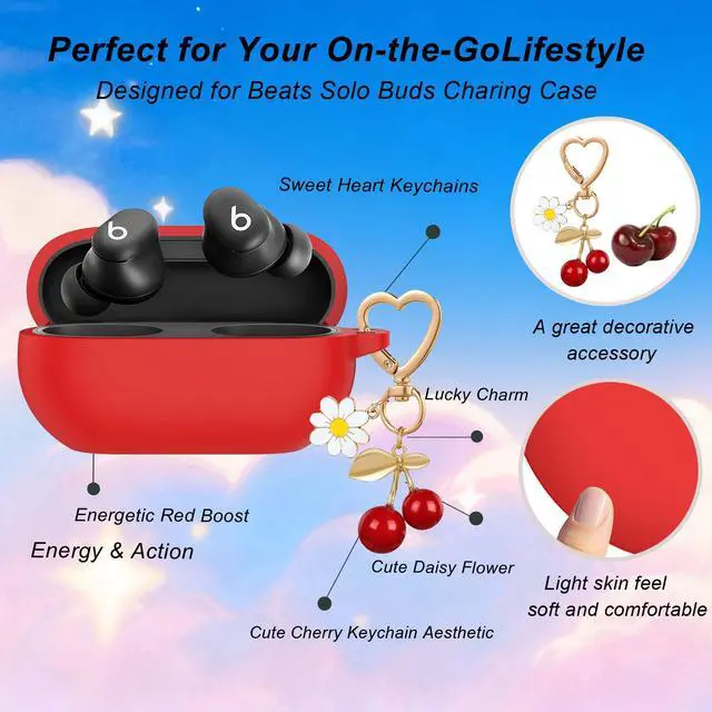Alt view image 4 of 7 - for Beats Solo Buds Case Cover,Soft Silicone Skin Cover Shockproof Protective with Cute Cherry Daisy Flower Charm Keychain Accessories for Beats Solo Charging Case for Women Men Red