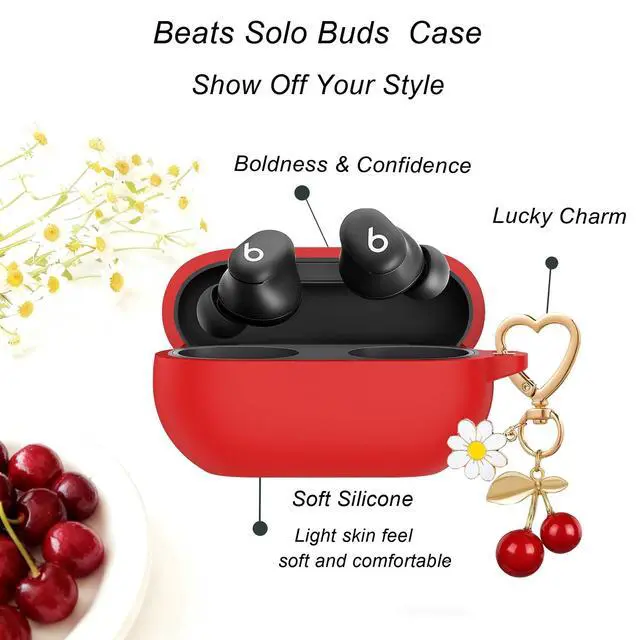 Alt view image 5 of 7 - for Beats Solo Buds Case Cover,Soft Silicone Skin Cover Shockproof Protective with Cute Cherry Daisy Flower Charm Keychain Accessories for Beats Solo Charging Case for Women Men Red