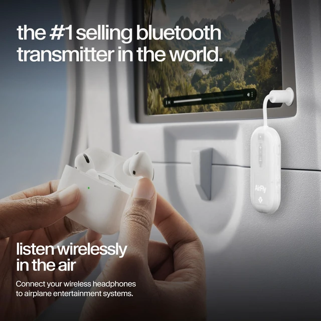 Alt view image 2 of 7 - AirFly Pro 2, Bluetooth Adapter, Pair 2 AirPods, Glacial White Pair 2 AirPods or Wireless Headphones 3.5mm AUX Bluetooth Transmitter and Receiver for Cars, Boats, Treadmills, TVs & More