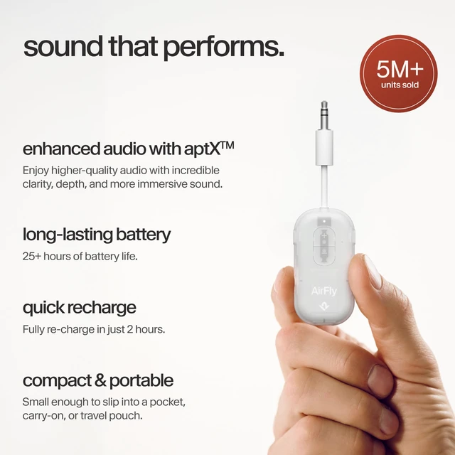 Alt view image 4 of 7 - AirFly Pro 2, Bluetooth Adapter, Pair 2 AirPods, Glacial White Pair 2 AirPods or Wireless Headphones 3.5mm AUX Bluetooth Transmitter and Receiver for Cars, Boats, Treadmills, TVs & More