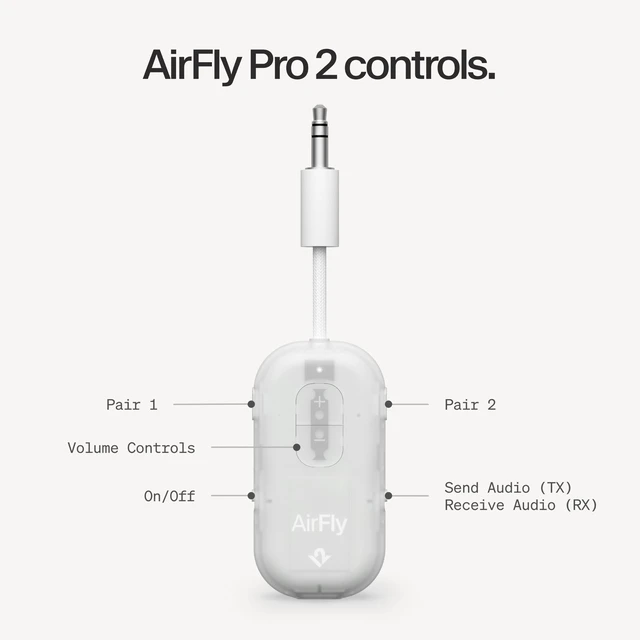 Alt view image 7 of 7 - AirFly Pro 2, Bluetooth Adapter, Pair 2 AirPods, Glacial White Pair 2 AirPods or Wireless Headphones 3.5mm AUX Bluetooth Transmitter and Receiver for Cars, Boats, Treadmills, TVs & More