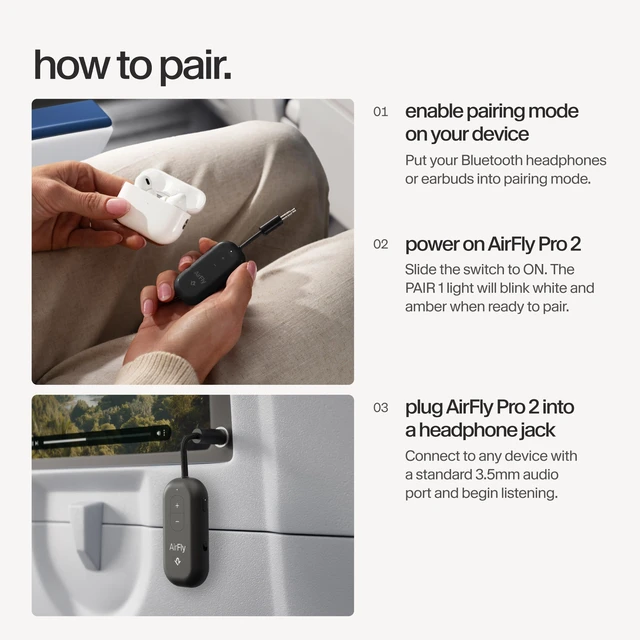 Alt view image 6 of 7 - AirFly Pro 2, Bluetooth Adapter, Pair 2 AirPods, Black Pair 2 AirPods or Wireless Headphones 3.5mm AUX Bluetooth Transmitter and Receiver for Cars, Boats, Treadmills, TVs & More