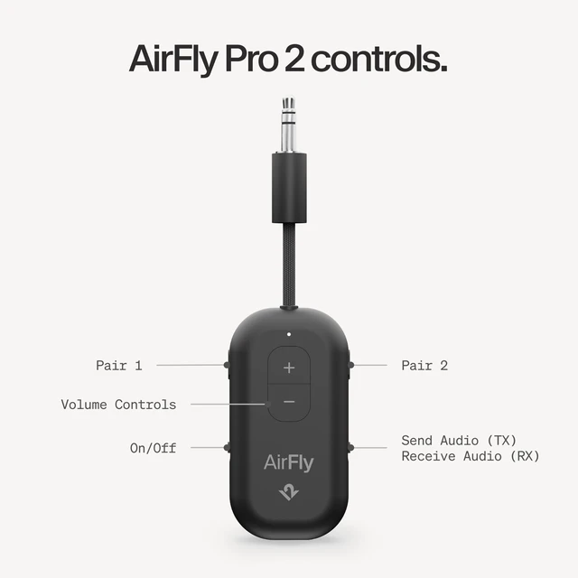 Alt view image 7 of 7 - AirFly Pro 2, Bluetooth Adapter, Pair 2 AirPods, Black Pair 2 AirPods or Wireless Headphones 3.5mm AUX Bluetooth Transmitter and Receiver for Cars, Boats, Treadmills, TVs & More
