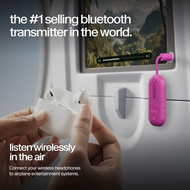 Alt view image 2 of 7 - AirFly Pro 2, Bluetooth Adapter, Pair 2 AirPods, Fuchsia Ice Pair 2 AirPods or Wireless Headphones 3.5mm AUX Bluetooth Transmitter and Receiver for Cars, Boats, Treadmills, TVs & More