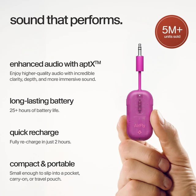 Alt view image 4 of 7 - AirFly Pro 2, Bluetooth Adapter, Pair 2 AirPods, Fuchsia Ice Pair 2 AirPods or Wireless Headphones 3.5mm AUX Bluetooth Transmitter and Receiver for Cars, Boats, Treadmills, TVs & More