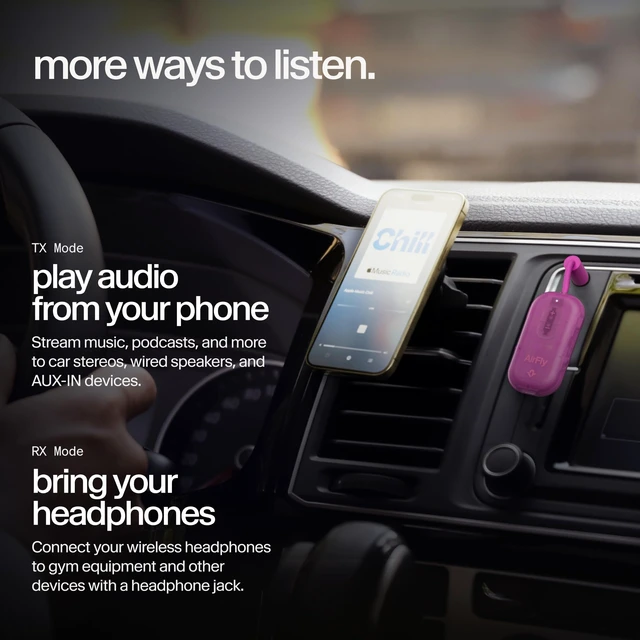 Alt view image 5 of 7 - AirFly Pro 2, Bluetooth Adapter, Pair 2 AirPods, Fuchsia Ice Pair 2 AirPods or Wireless Headphones 3.5mm AUX Bluetooth Transmitter and Receiver for Cars, Boats, Treadmills, TVs & More
