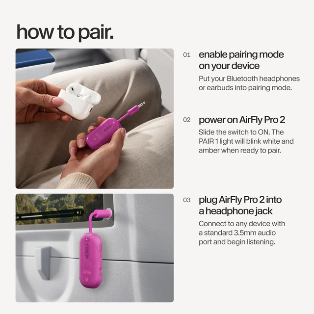 Alt view image 6 of 7 - AirFly Pro 2, Bluetooth Adapter, Pair 2 AirPods, Fuchsia Ice Pair 2 AirPods or Wireless Headphones 3.5mm AUX Bluetooth Transmitter and Receiver for Cars, Boats, Treadmills, TVs & More