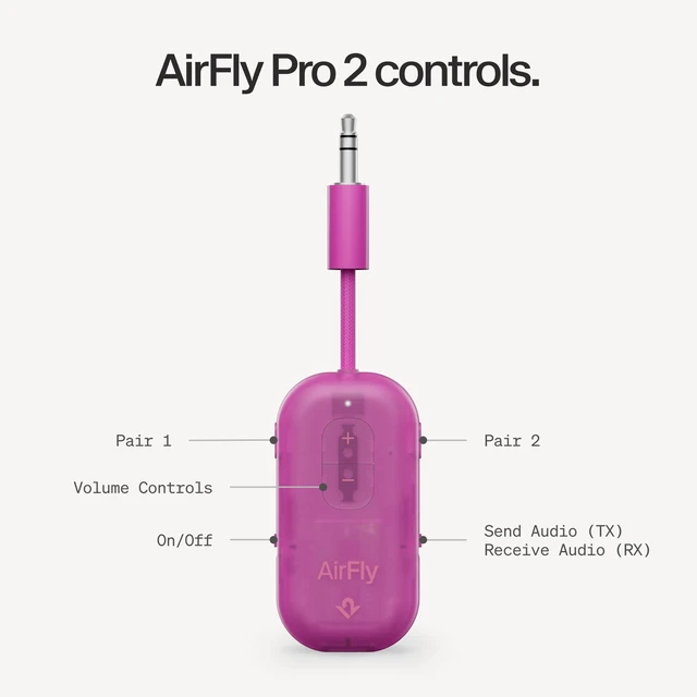 Alt view image 7 of 7 - AirFly Pro 2, Bluetooth Adapter, Pair 2 AirPods, Fuchsia Ice Pair 2 AirPods or Wireless Headphones 3.5mm AUX Bluetooth Transmitter and Receiver for Cars, Boats, Treadmills, TVs & More