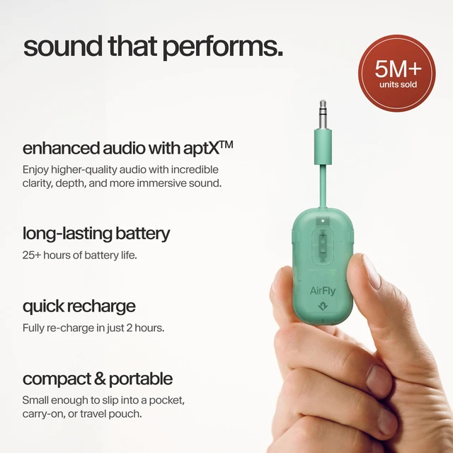 Alt view image 4 of 7 - AirFly Pro 2, Bluetooth Adapter, Pair 2 AirPods, Mint Ice Pair 2 AirPods or Wireless Headphones 3.5mm AUX Bluetooth Transmitter and Receiver for Cars, Boats, Treadmills, TVs & More