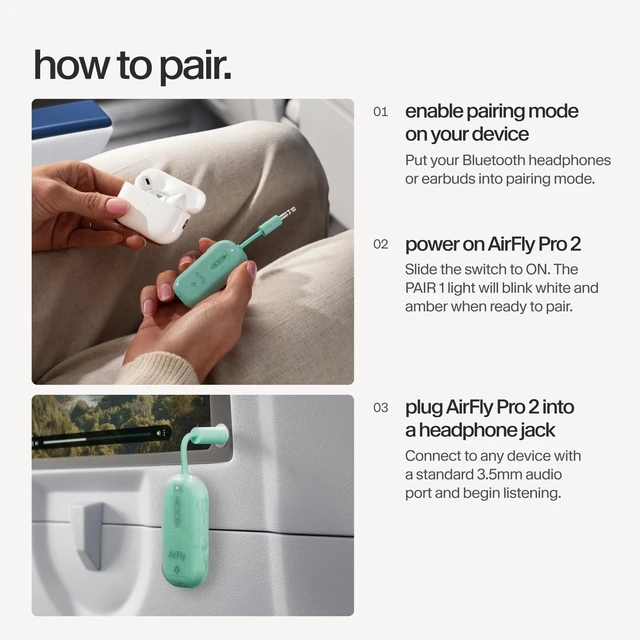 Alt view image 6 of 7 - AirFly Pro 2, Bluetooth Adapter, Pair 2 AirPods, Mint Ice Pair 2 AirPods or Wireless Headphones 3.5mm AUX Bluetooth Transmitter and Receiver for Cars, Boats, Treadmills, TVs & More