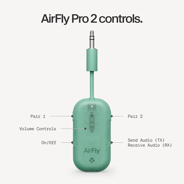 Alt view image 7 of 7 - AirFly Pro 2, Bluetooth Adapter, Pair 2 AirPods, Mint Ice Pair 2 AirPods or Wireless Headphones 3.5mm AUX Bluetooth Transmitter and Receiver for Cars, Boats, Treadmills, TVs & More