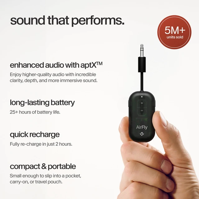 Alt view image 4 of 7 - AirFly Pro 2, Bluetooth Adapter, Pair 2 AirPods, Black Ice Pair 2 AirPods or Wireless Headphones 3.5mm AUX Bluetooth Transmitter and Receiver for Cars, Boats, Treadmills, TVs & More