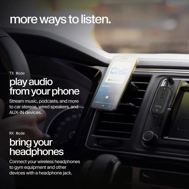 Alt view image 5 of 7 - AirFly Pro 2, Bluetooth Adapter, Pair 2 AirPods, Black Ice Pair 2 AirPods or Wireless Headphones 3.5mm AUX Bluetooth Transmitter and Receiver for Cars, Boats, Treadmills, TVs & More