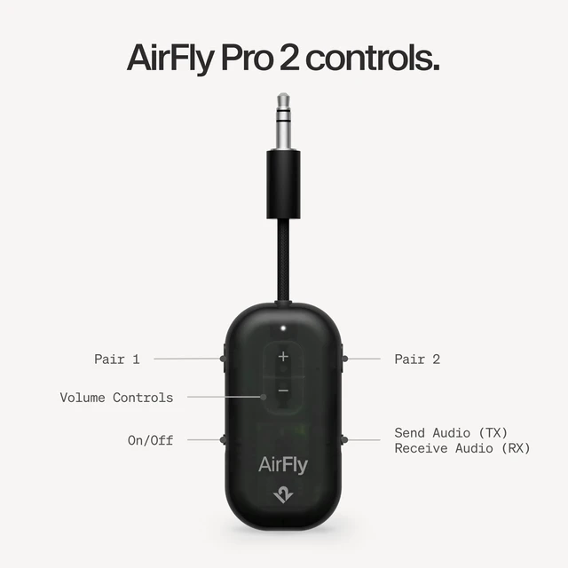 Alt view image 7 of 7 - AirFly Pro 2, Bluetooth Adapter, Pair 2 AirPods, Black Ice Pair 2 AirPods or Wireless Headphones 3.5mm AUX Bluetooth Transmitter and Receiver for Cars, Boats, Treadmills, TVs & More