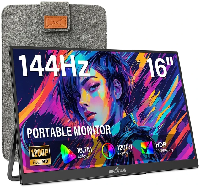 Main image of 16" Portable Monitor 144Hz Portable Gaming Monitor with Protective Sleeve, 1200P FHD External Monitor, Lightweight, Extra Second Screen for Laptop, PS5, Mac, Xbox (Not Includes Adapter)