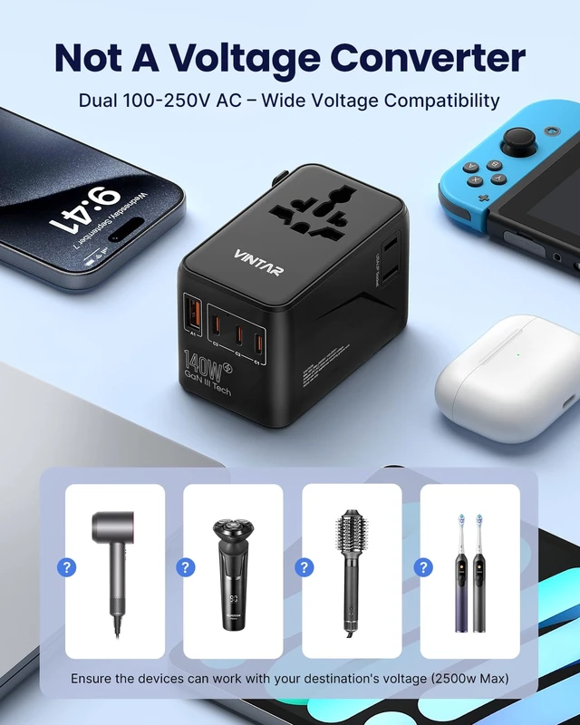 Alt view image 7 of 7 - Universal Travel Adapter, 140W GaN Fast Charger for EU UK US AU 2 AC Outlets, 3 USB-C PD & 1 USB-A QC, International Power Adapter for 200+ Countries, Compatible with Laptops/Tablets/Phones