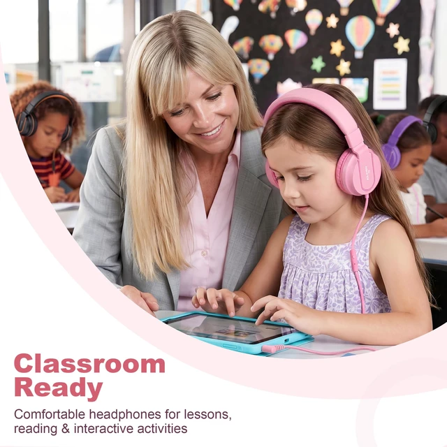 Alt view image 4 of 7 - I35 Kids Headphones for School with Mic, 93dB Volume, Rose Pink Wired On Ear Headphones for Kids Girls, Foldable Lightweight Headphone for Classroom Learning & Entertainment Travel Computer