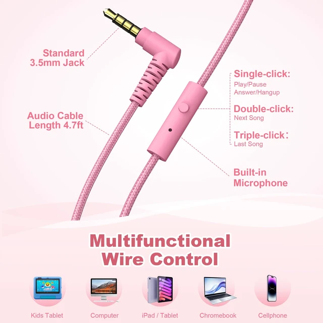 Alt view image 5 of 7 - I35 Kids Headphones for School with Mic, 93dB Volume, Rose Pink Wired On Ear Headphones for Kids Girls, Foldable Lightweight Headphone for Classroom Learning & Entertainment Travel Computer