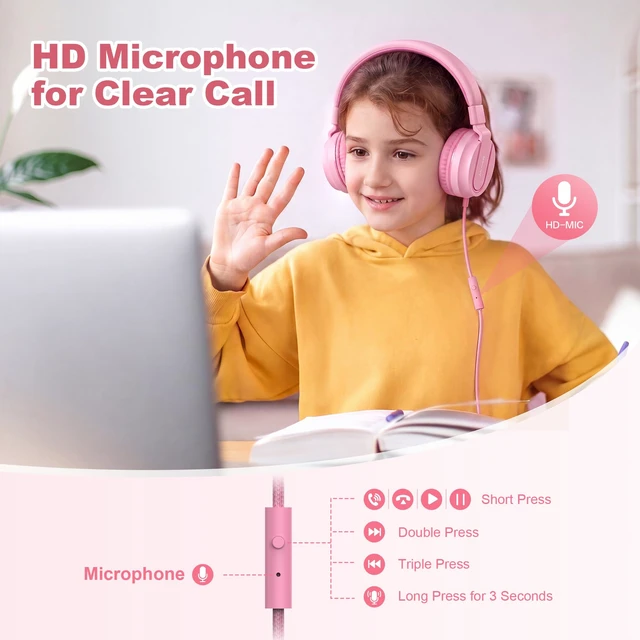 Alt view image 3 of 7 - I35 Kids Headphones for School with Mic, 93dB Volume, Rose Pink Wired On Ear Headphones for Kids Girls, Foldable Lightweight Headphone for Classroom Learning & Entertainment Travel Computer