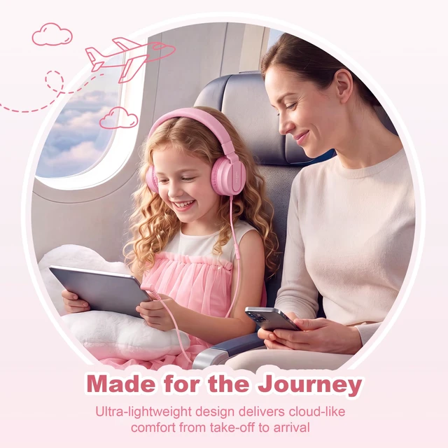 Alt view image 6 of 7 - I35 Kids Headphones for School with Mic, 93dB Volume, Rose Pink Wired On Ear Headphones for Kids Girls, Foldable Lightweight Headphone for Classroom Learning & Entertainment Travel Computer