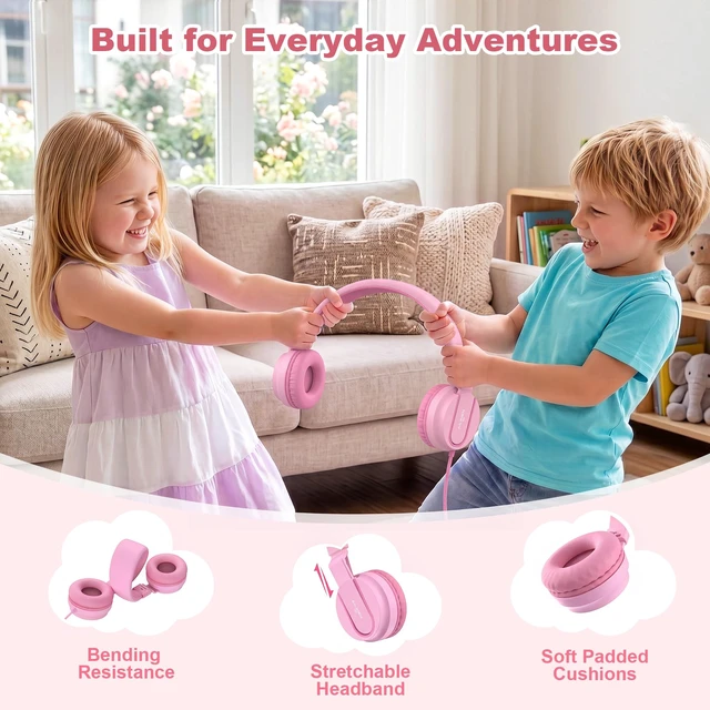 Alt view image 7 of 7 - I35 Kids Headphones for School with Mic, 93dB Volume, Rose Pink Wired On Ear Headphones for Kids Girls, Foldable Lightweight Headphone for Classroom Learning & Entertainment Travel Computer