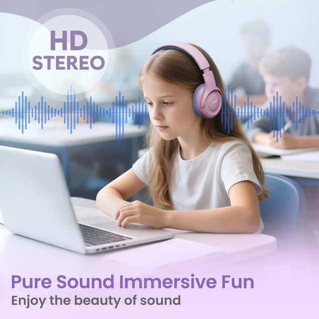 Alt view image 3 of 6 - Kids Headphones for School, 85-94dB Limiter, 3.5mm Jack, w/Mic HK03 Foldable Wired Over Ear Headphones, for Toddler School/Tablet/iPad/PC/Travel, Pink-Purple
