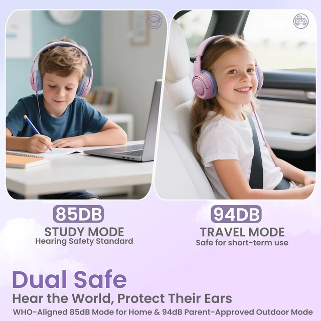 Alt view image 2 of 6 - Kids Headphones for School, 85-94dB Limiter, 3.5mm Jack, w/Mic HK03 Foldable Wired Over Ear Headphones, for Toddler School/Tablet/iPad/PC/Travel, Pink-Purple