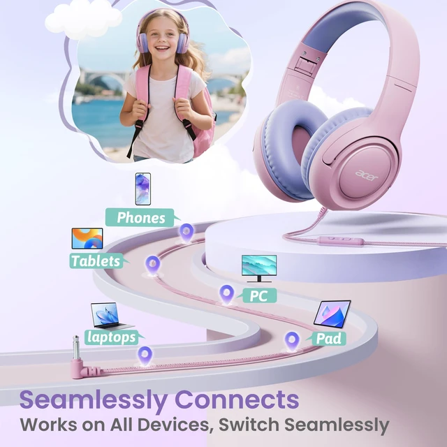 Alt view image 5 of 6 - Kids Headphones for School, 85-94dB Limiter, 3.5mm Jack, w/Mic HK03 Foldable Wired Over Ear Headphones, for Toddler School/Tablet/iPad/PC/Travel, Pink-Purple