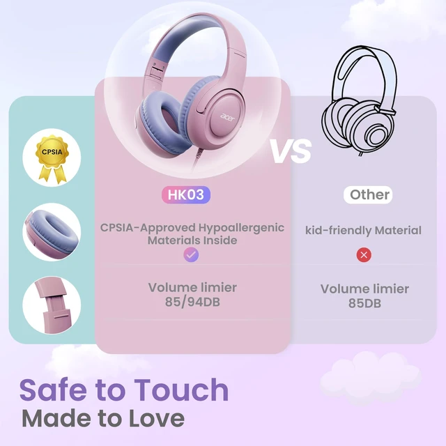 Alt view image 4 of 6 - Kids Headphones for School, 85-94dB Limiter, 3.5mm Jack, w/Mic HK03 Foldable Wired Over Ear Headphones, for Toddler School/Tablet/iPad/PC/Travel, Pink-Purple