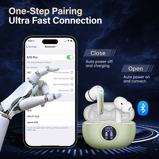 Alt view image 7 of 7 - Wireless Earbuds, Bluetooth 5.3 Headphones HiFi Stereo 50H Playback LED Digital Display Ear Buds with ENC Noise Canceling Headset, IPX7 Waterproof Earphones for Gym/Running/Work(Light Green)
