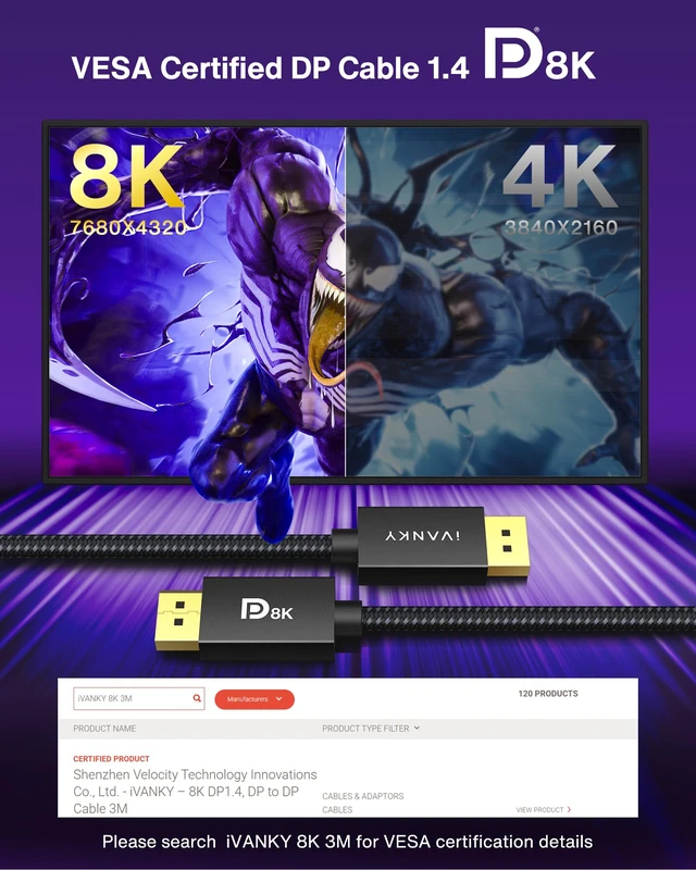 Alt view image 3 of 7 - VESA Certified 8K DisplayPort Cable 10ft,32.4Gbps DP to DP Cable 1.4 Display Port Cord, 8K@60Hz, 4K@240Hz, 2K@240Hz, Supports HBR3, HDCP 2.2, HDR, Compatible with Gaming Monitor, TV, PC, Laptop