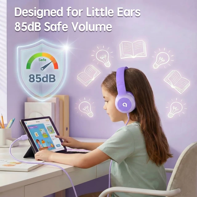Alt view image 2 of 7 - Wired Kids Headphones with USB C Plug, 85dB Safe Volume, Adjustable Headband, Tangle-Free Cord Headphones for School, Tablet, Travel (Lavender Purple, Without Microphone)