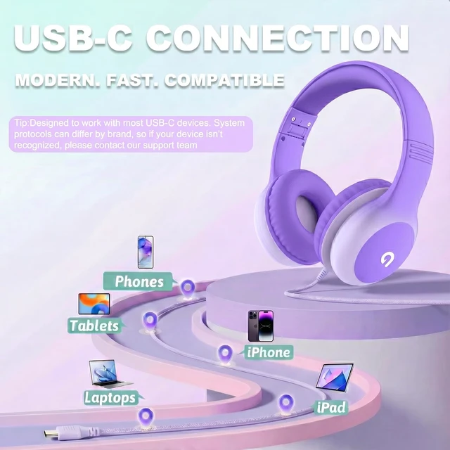 Alt view image 4 of 7 - Wired Kids Headphones with USB C Plug, 85dB Safe Volume, Adjustable Headband, Tangle-Free Cord Headphones for School, Tablet, Travel (Lavender Purple, Without Microphone)