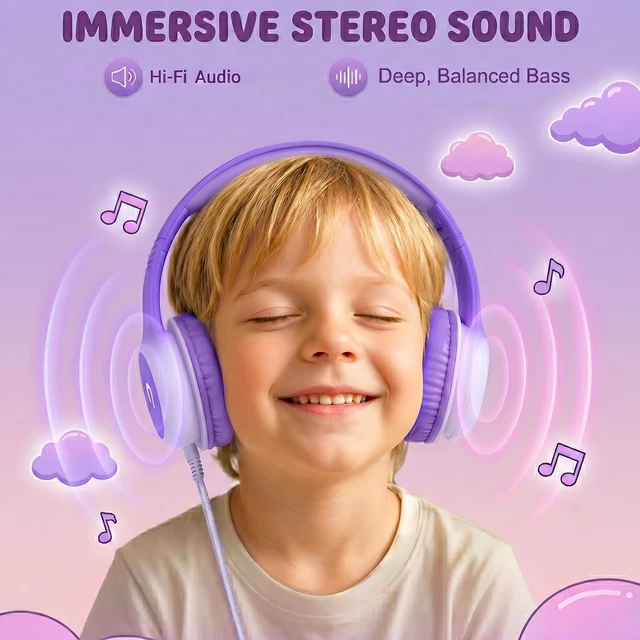 Alt view image 3 of 7 - Wired Kids Headphones with USB C Plug, 85dB Safe Volume, Adjustable Headband, Tangle-Free Cord Headphones for School, Tablet, Travel (Lavender Purple, Without Microphone)