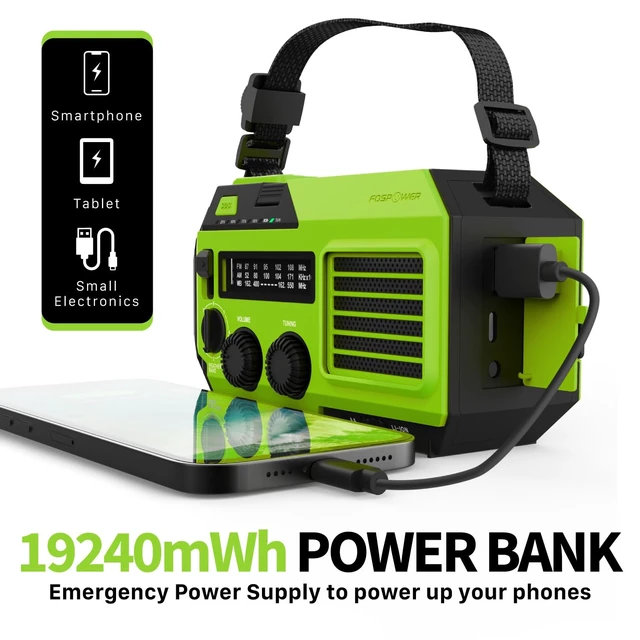 Alt view image 3 of 7 - NOAA Emergency Weather Radio A6 19240mWh Solar Hand Crank (Green) AM/FM/WB power bank 4 power options SOS alarm LED flashlight & 4 LED reading light for outdoor emergency & power outage use