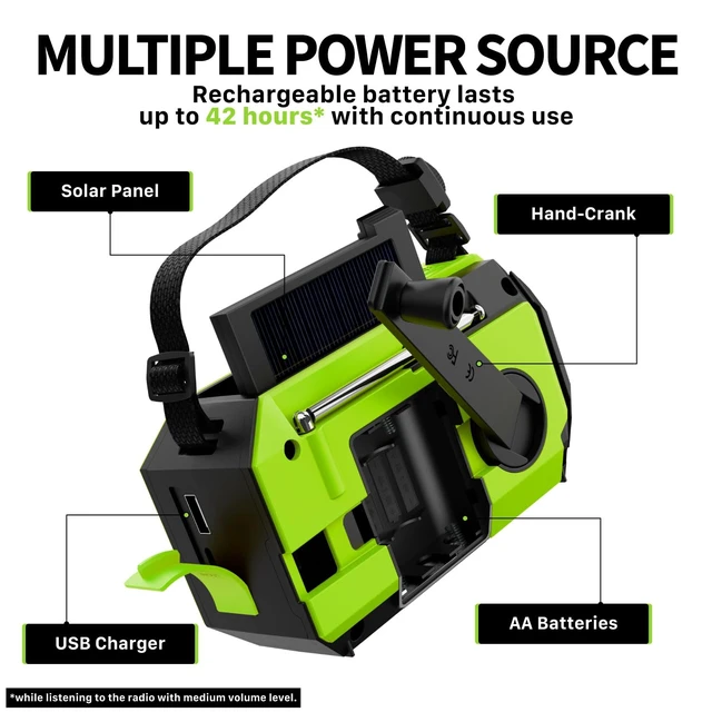 Alt view image 4 of 7 - NOAA Emergency Weather Radio A6 19240mWh Solar Hand Crank (Green) AM/FM/WB power bank 4 power options SOS alarm LED flashlight & 4 LED reading light for outdoor emergency & power outage use