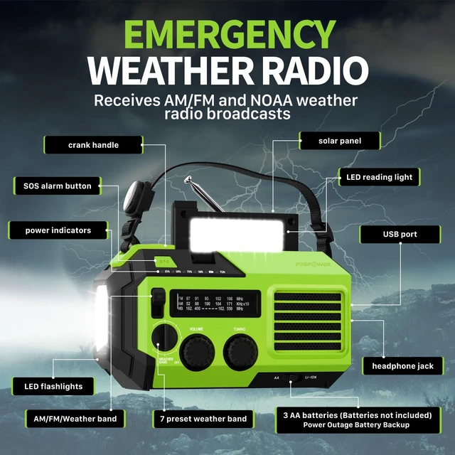 Alt view image 2 of 7 - NOAA Emergency Weather Radio A6 19240mWh Solar Hand Crank (Green) AM/FM/WB power bank 4 power options SOS alarm LED flashlight & 4 LED reading light for outdoor emergency & power outage use
