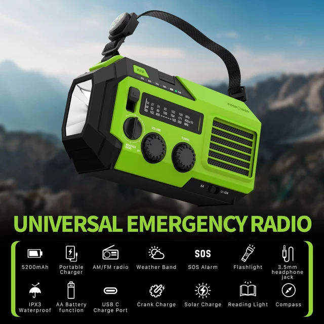Alt view image 7 of 7 - NOAA Emergency Weather Radio A6 19240mWh Solar Hand Crank (Green) AM/FM/WB power bank 4 power options SOS alarm LED flashlight & 4 LED reading light for outdoor emergency & power outage use